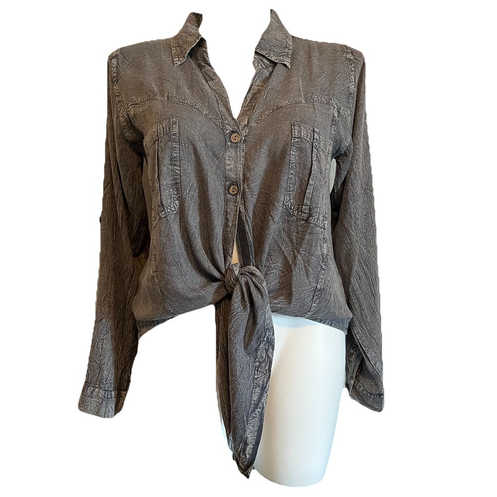 Raya Sun Linen Blend Button Up Tie Front Shirt Womens M Gray Mineral Wash Beachy